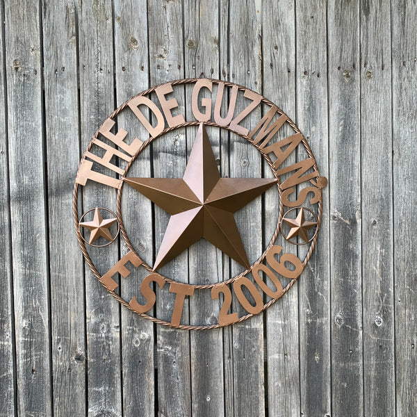 GUZMAN STYLE CUSTOM STAR NAME BARN METAL STAR 3d TWISTED ROPE RING WESTERN HOME DECOR RUSTIC  BRONZE HANDMADE 24",32",34",36",40",42",44",46",50"