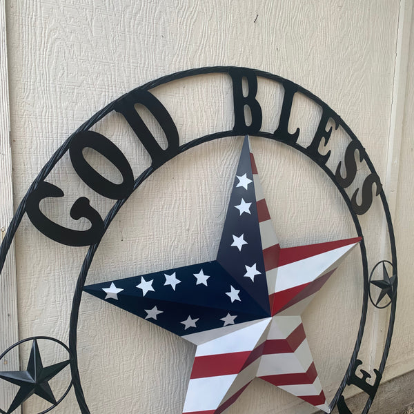 GOD BLESS OUR HOME USA FLAG STAR METAL BARN STAR TWISTED ROPE RING WALL ART WESTERN HOME DECOR RUSTIC RED WHITE & BLUE WITH BLACK RING HANDMADE NEW