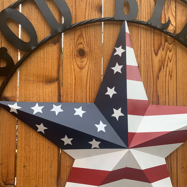 GOD BLESS OUR HOME USA FLAG STAR METAL BARN STAR TWISTED ROPE RING WALL ART WESTERN HOME DECOR RUSTIC RED WHITE & BLUE WITH BLACK RING HANDMADE NEW