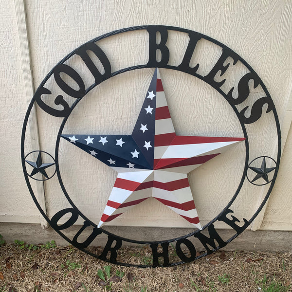 GOD BLESS OUR HOME USA FLAG STAR METAL BARN STAR TWISTED ROPE RING WALL ART WESTERN HOME DECOR RUSTIC RED WHITE & BLUE WITH BLACK RING HANDMADE NEW