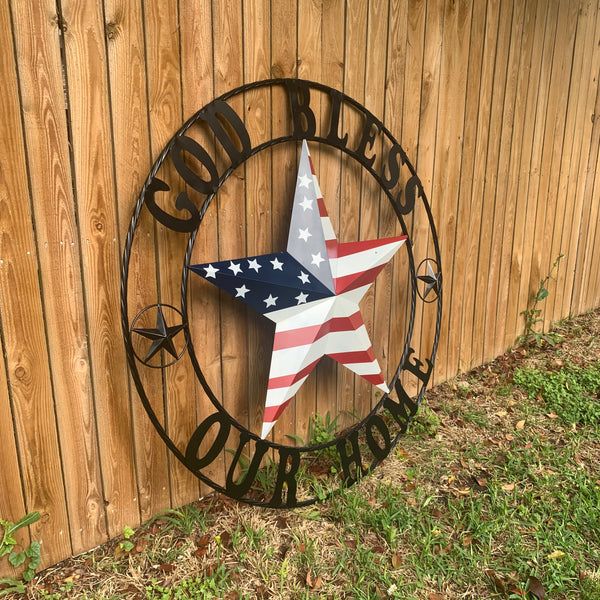 GOD BLESS OUR HOME USA FLAG STAR METAL BARN STAR TWISTED ROPE RING WALL ART WESTERN HOME DECOR RUSTIC RED WHITE & BLUE WITH BLACK RING HANDMADE NEW