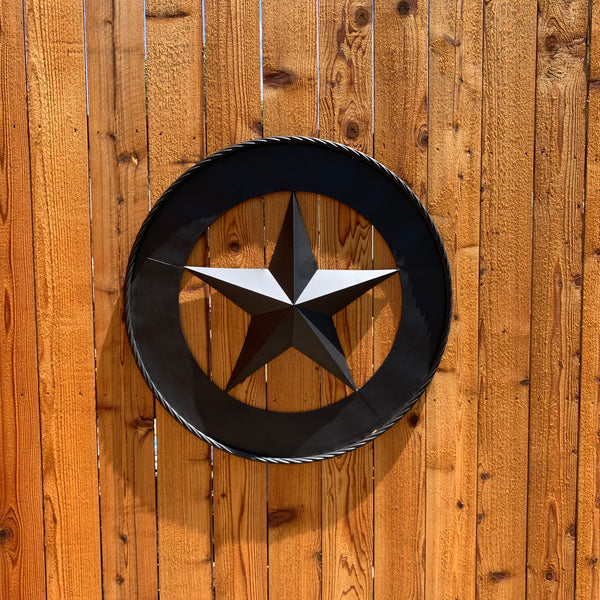 36" RUSTIC BLACK LONE STAR WIDE BAND RING TWISTED ROPE RING 3d METAL STAR WALL ART WESTERN HOME DECOR HANDMADE NEW #EH11879