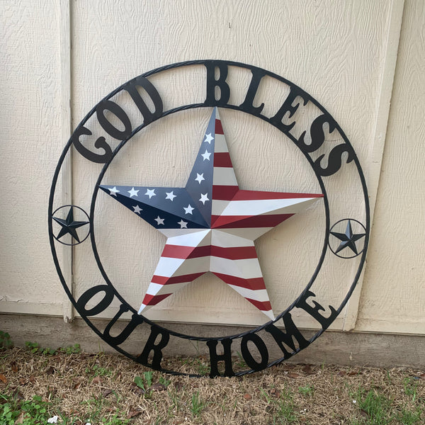 GOD BLESS OUR HOME USA FLAG STAR METAL BARN STAR TWISTED ROPE RING WALL ART WESTERN HOME DECOR RUSTIC RED WHITE & BLUE WITH BLACK RING HANDMADE NEW