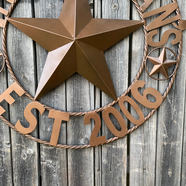 GUZMAN STYLE CUSTOM STAR NAME BARN METAL STAR 3d TWISTED ROPE RING WESTERN HOME DECOR RUSTIC  BRONZE HANDMADE 24",32",34",36",40",42",44",46",50"