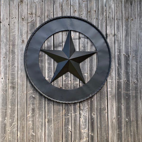 36" RUSTIC BLACK LONE STAR WIDE BAND RING TWISTED ROPE RING METAL STAR WALL ART WESTERN HOME DECOR HANDMADE NEW