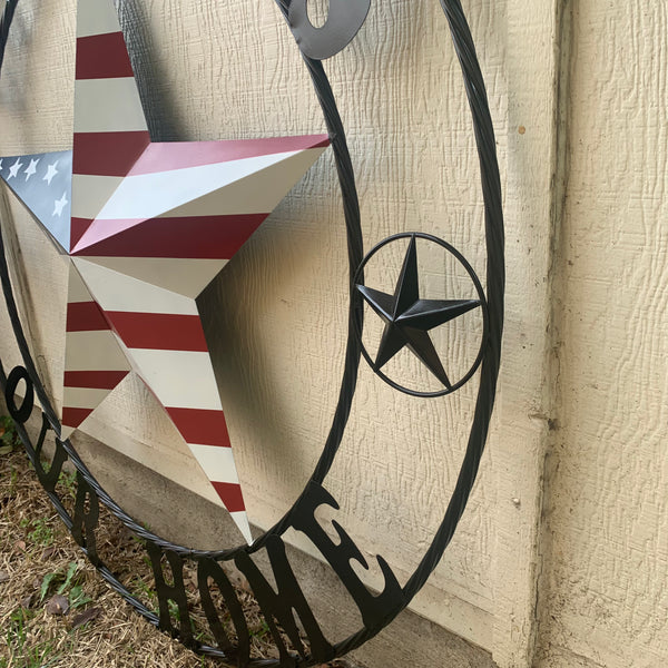 GOD BLESS OUR HOME USA FLAG STAR METAL BARN STAR TWISTED ROPE RING WALL ART WESTERN HOME DECOR RUSTIC RED WHITE & BLUE WITH BLACK RING HANDMADE NEW