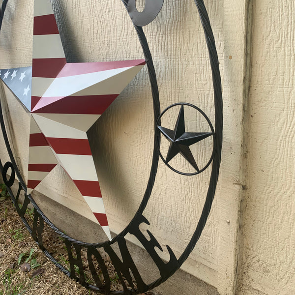 GOD BLESS OUR HOME USA FLAG STAR METAL BARN STAR TWISTED ROPE RING WALL ART WESTERN HOME DECOR RUSTIC RED WHITE & BLUE STAR ART NEW HANDMADE