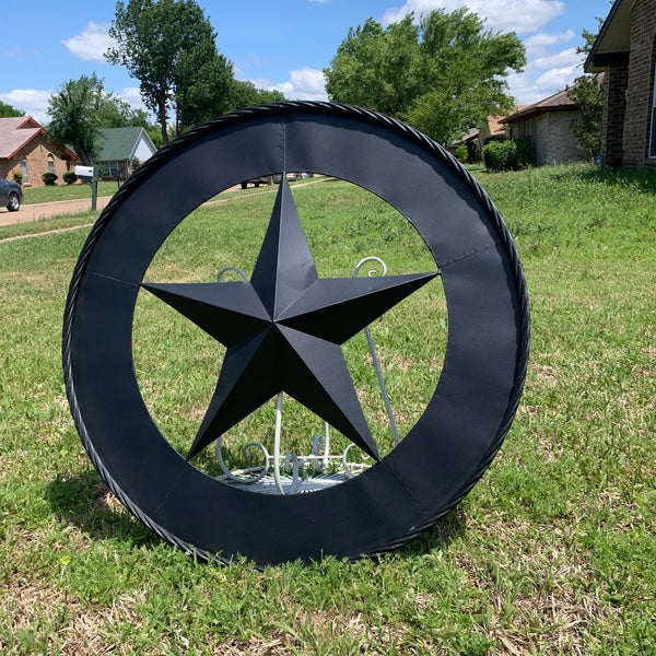 36" RUSTIC BLACK LONE STAR WIDE BAND RING TWISTED ROPE RING METAL STAR WALL ART WESTERN HOME DECOR HANDMADE NEW