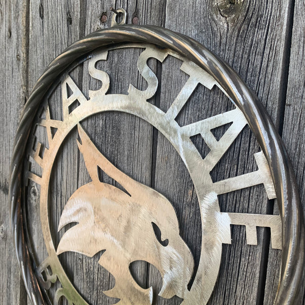 12" TEXAS STATE BOBCATS CUSTOM RAW METAL VINTAGE CRAFT SIGN TEAM ART HANDMADE IN TEXAS