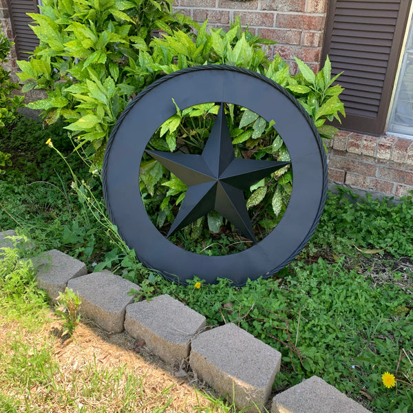 36" RUSTIC BLACK LONE STAR WIDE BAND RING TWISTED ROPE RING METAL STAR WALL ART WESTERN HOME DECOR HANDMADE NEW