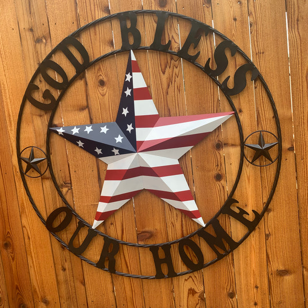 GOD BLESS OUR HOME USA FLAG STAR METAL BARN STAR TWISTED ROPE RING WALL ART WESTERN HOME DECOR RUSTIC RED WHITE & BLUE WITH BLACK RING HANDMADE NEW