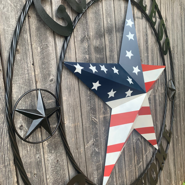 GOD BLESS OUR HOME USA FLAG STAR METAL BARN STAR TWISTED ROPE RING WALL ART WESTERN HOME DECOR RUSTIC RED WHITE & BLUE WITH BLACK RING HANDMADE NEW