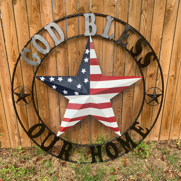GOD BLESS OUR HOME USA FLAG STAR METAL BARN STAR TWISTED ROPE RING WALL ART WESTERN HOME DECOR RUSTIC RED WHITE & BLUE WITH BLACK RING HANDMADE NEW
