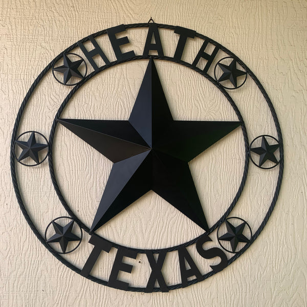 HEATH TEXAS STYLE CUSTOM STAR NAME BARN METAL STAR 3d TWISTED ROPE RING WESTERN HOME DECOR HANDMADE RUSTIC BLACK 24",32",34",36",40",42",44",46",50"