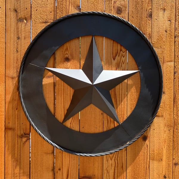 36" RUSTIC BLACK LONE STAR WIDE BAND RING TWISTED ROPE RING 3d METAL STAR WALL ART WESTERN HOME DECOR HANDMADE NEW #EH11879
