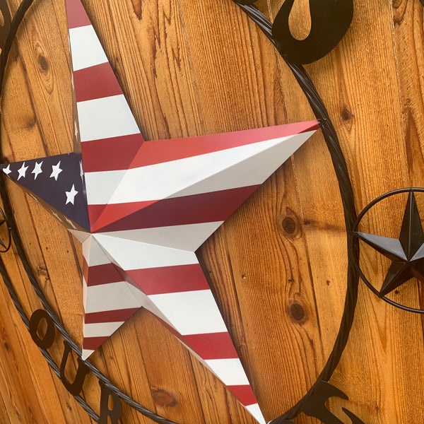GOD BLESS OUR HOME USA FLAG STAR METAL BARN STAR TWISTED ROPE RING WALL ART WESTERN HOME DECOR RUSTIC RED WHITE & BLUE WITH BLACK RING HANDMADE NEW