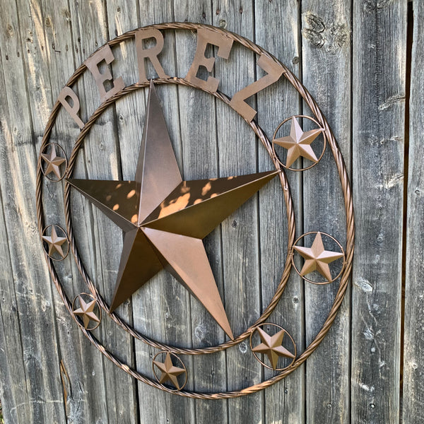 PEREZ CUSTOM STAR NAME BARN METAL STAR 3d TWISTED ROPE RING WESTERN HOME DECOR RUSTIC  BRONZE HANDMADE 24",32",34",36",40",42",44",46",50"