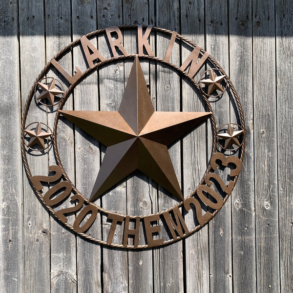 LARKIN STYLE CUSTOM STAR NAME BARN METAL STAR 3d TWISTED ROPE RING WESTERN HOME DECOR RUSTIC  BRONZE HANDMADE 24",32",34",36",40",42",44",46",50"