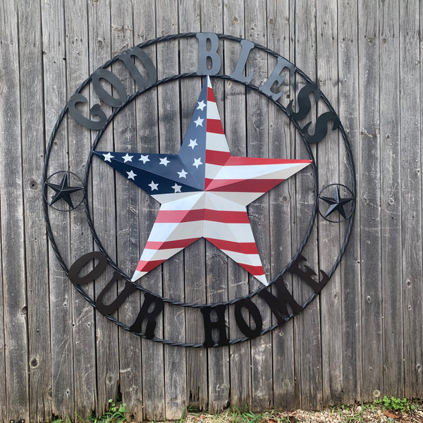 GOD BLESS OUR HOME USA FLAG STAR METAL BARN STAR TWISTED ROPE RING WALL ART WESTERN HOME DECOR RUSTIC RED WHITE & BLUE WITH BLACK RING HANDMADE NEW