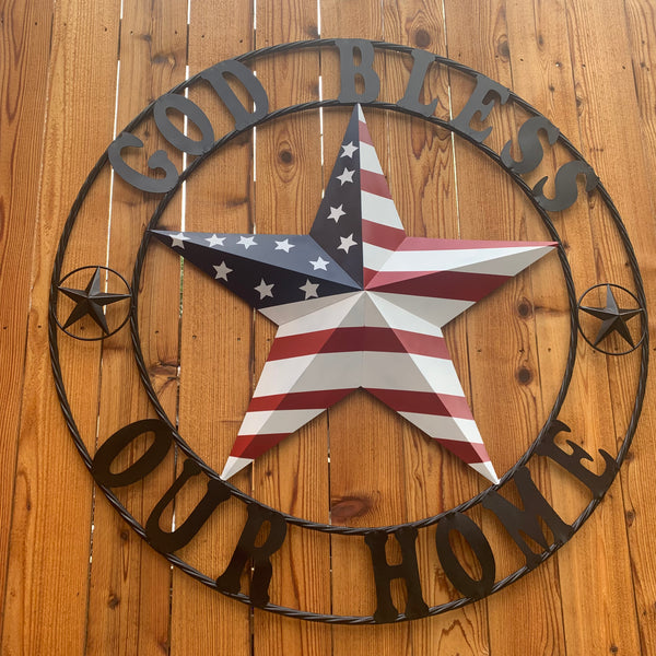 GOD BLESS OUR HOME USA FLAG STAR METAL BARN STAR TWISTED ROPE RING WALL ART WESTERN HOME DECOR RUSTIC RED WHITE & BLUE WITH BLACK RING HANDMADE NEW