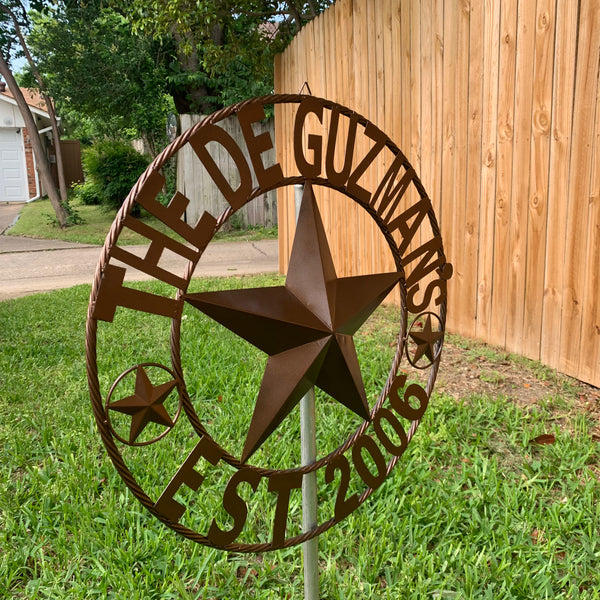 GUZMAN STYLE CUSTOM STAR NAME BARN METAL STAR 3d TWISTED ROPE RING WESTERN HOME DECOR RUSTIC  BRONZE HANDMADE 24",32",34",36",40",42",44",46",50"