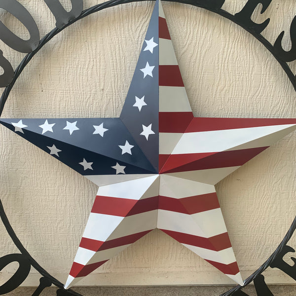 GOD BLESS OUR HOME USA FLAG STAR METAL BARN STAR TWISTED ROPE RING WALL ART WESTERN HOME DECOR RUSTIC RED WHITE & BLUE WITH BLACK RING HANDMADE NEW