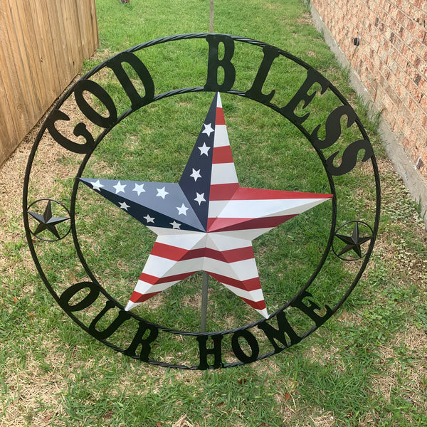 GOD BLESS OUR HOME USA FLAG STAR METAL BARN STAR TWISTED ROPE RING WALL ART WESTERN HOME DECOR RUSTIC RED WHITE & BLUE WITH BLACK RING HANDMADE NEW