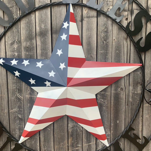 GOD BLESS OUR HOME USA FLAG STAR METAL BARN STAR TWISTED ROPE RING WALL ART WESTERN HOME DECOR RUSTIC RED WHITE & BLUE WITH BLACK RING HANDMADE NEW