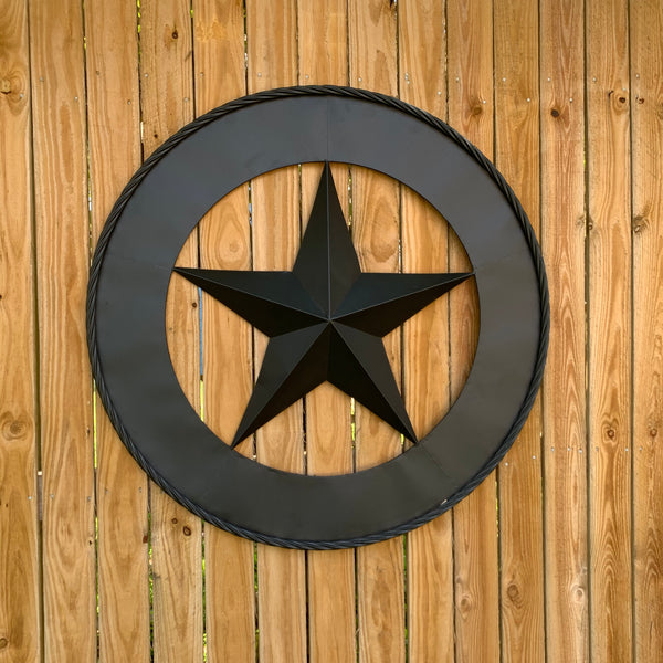 36" RUSTIC BLACK LONE STAR WIDE BAND RING TWISTED ROPE RING 3d METAL STAR WALL ART WESTERN HOME DECOR HANDMADE NEW #EH11879