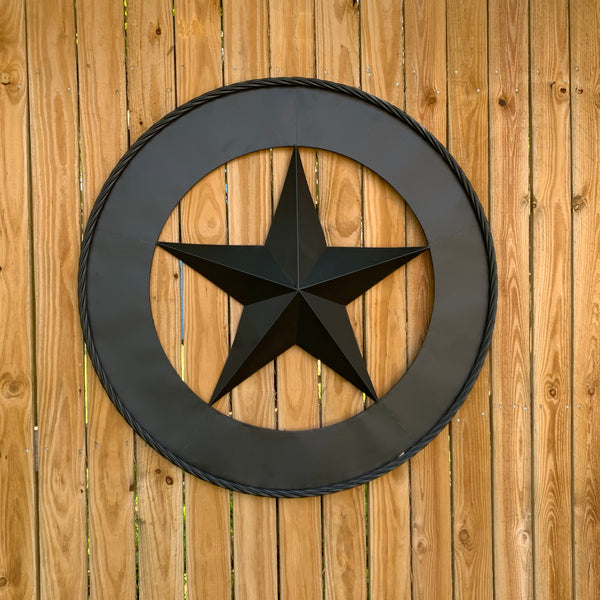 36" RUSTIC BLACK LONE STAR WIDE BAND RING TWISTED ROPE RING METAL STAR WALL ART WESTERN HOME DECOR HANDMADE NEW