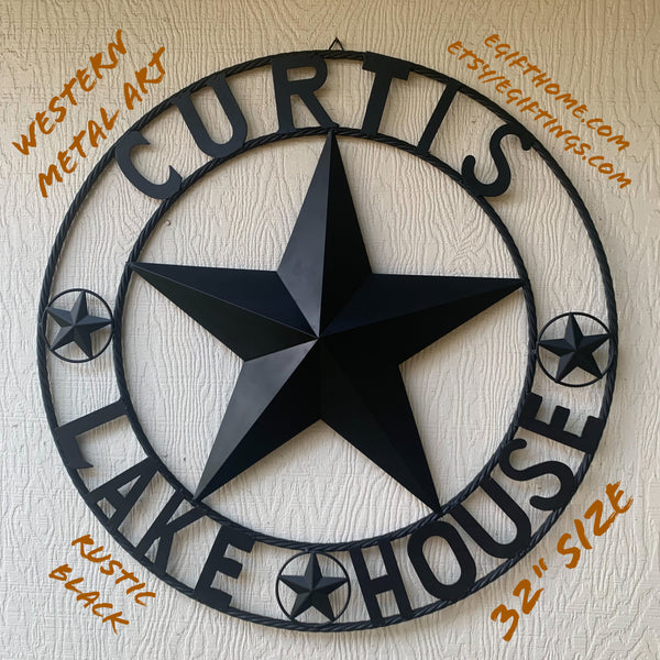 CURTIS LAKE HOUSE STYLE CUSTOM FAMILY NAME STAR METAL BARN STAR ROPE RING WESTERN HOME DECOR VINTAGE RUSTIC BLACK HANDMADE 24",32",34",36",40",42",44",46",50"