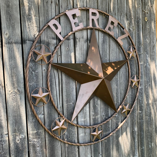 PEREZ CUSTOM STAR NAME BARN METAL STAR 3d TWISTED ROPE RING WESTERN HOME DECOR RUSTIC  BRONZE HANDMADE 24",32",34",36",40",42",44",46",50"