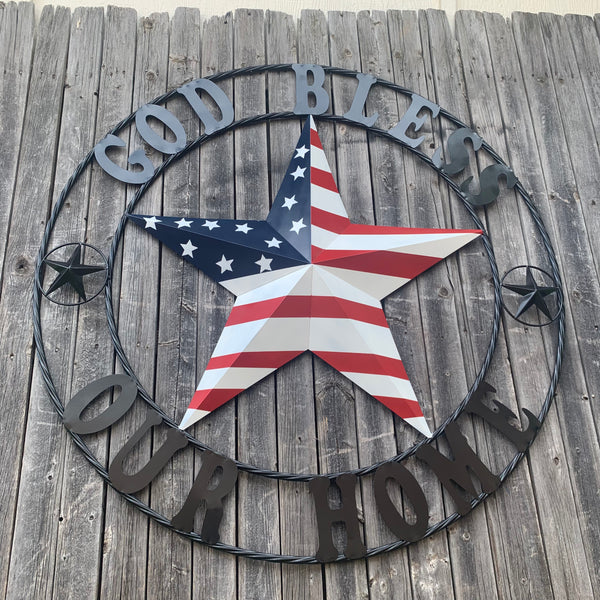 GOD BLESS OUR HOME USA FLAG STAR METAL BARN STAR TWISTED ROPE RING WALL ART WESTERN HOME DECOR RUSTIC RED WHITE & BLUE WITH BLACK RING HANDMADE NEW