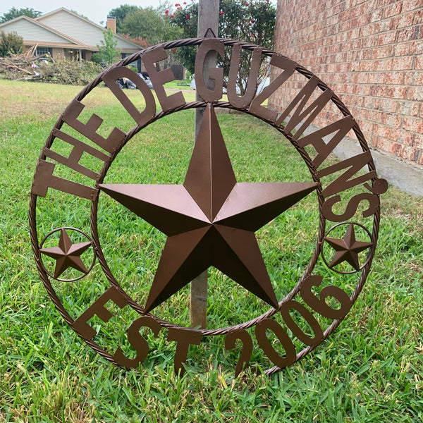 GUZMAN STYLE CUSTOM STAR NAME BARN METAL STAR 3d TWISTED ROPE RING WESTERN HOME DECOR RUSTIC  BRONZE HANDMADE 24",32",34",36",40",42",44",46",50"