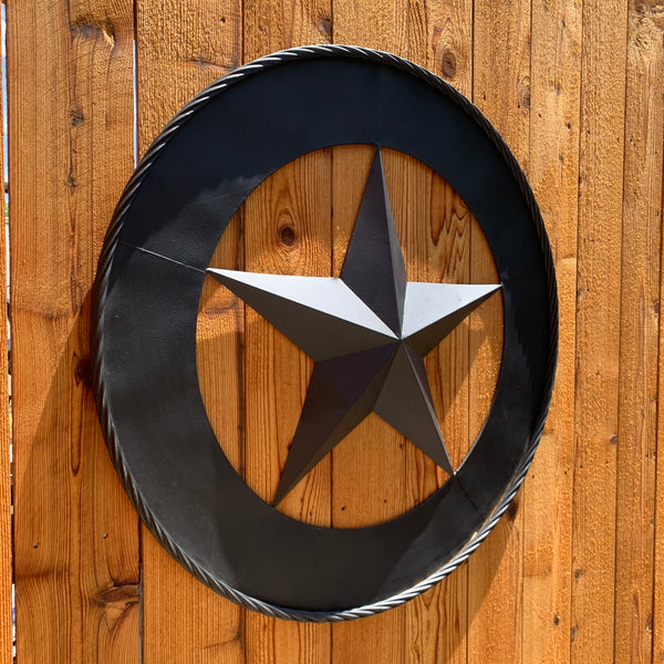 36" RUSTIC BLACK LONE STAR WIDE BAND RING TWISTED ROPE RING 3d METAL STAR WALL ART WESTERN HOME DECOR HANDMADE NEW #EH11879