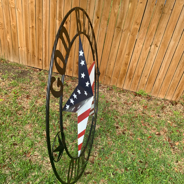 GOD BLESS OUR HOME USA FLAG STAR METAL BARN STAR TWISTED ROPE RING WALL ART WESTERN HOME DECOR RUSTIC RED WHITE & BLUE WITH BLACK RING HANDMADE NEW