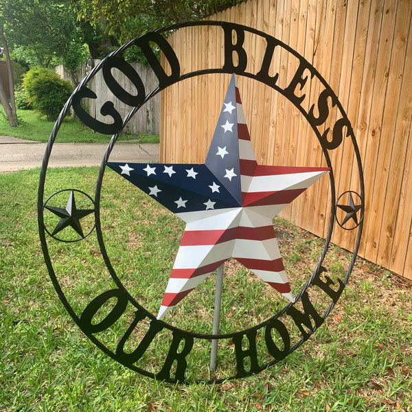 GOD BLESS OUR HOME USA FLAG STAR METAL BARN STAR TWISTED ROPE RING WALL ART WESTERN HOME DECOR RUSTIC RED WHITE & BLUE WITH BLACK RING HANDMADE NEW