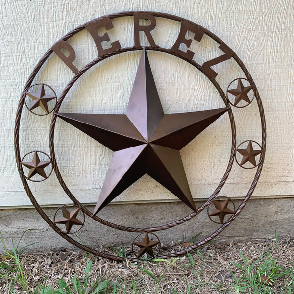 PEREZ CUSTOM STAR NAME BARN METAL STAR 3d TWISTED ROPE RING WESTERN HOME DECOR RUSTIC  BRONZE HANDMADE 24",32",34",36",40",42",44",46",50"