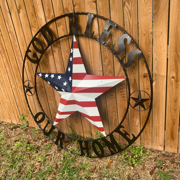 GOD BLESS OUR HOME USA FLAG STAR METAL BARN STAR TWISTED ROPE RING WALL ART WESTERN HOME DECOR RUSTIC RED WHITE & BLUE WITH BLACK RING HANDMADE NEW