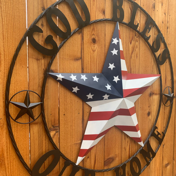 GOD BLESS OUR HOME USA FLAG STAR METAL BARN STAR TWISTED ROPE RING WALL ART WESTERN HOME DECOR RUSTIC RED WHITE & BLUE WITH BLACK RING HANDMADE NEW