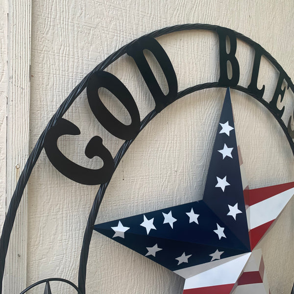 GOD BLESS OUR HOME USA FLAG STAR METAL BARN STAR TWISTED ROPE RING WALL ART WESTERN HOME DECOR RUSTIC RED WHITE & BLUE WITH BLACK RING HANDMADE NEW