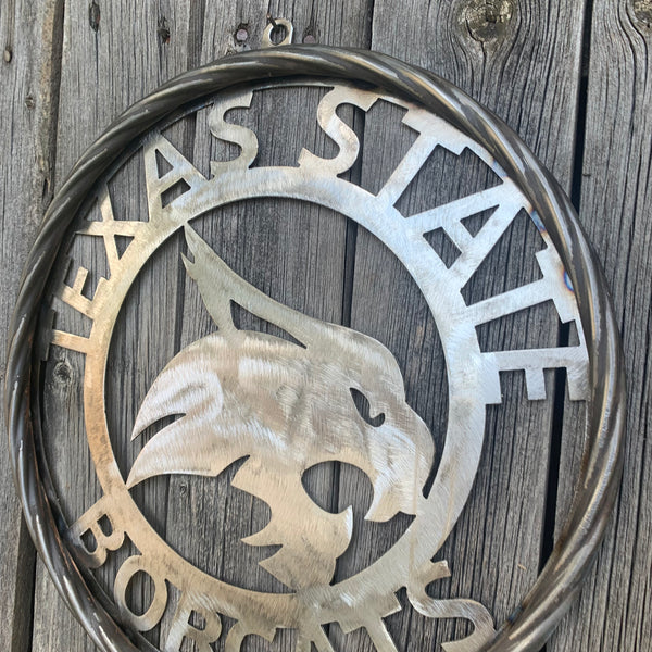 12" TEXAS STATE BOBCATS CUSTOM RAW METAL VINTAGE CRAFT SIGN TEAM ART HANDMADE IN TEXAS