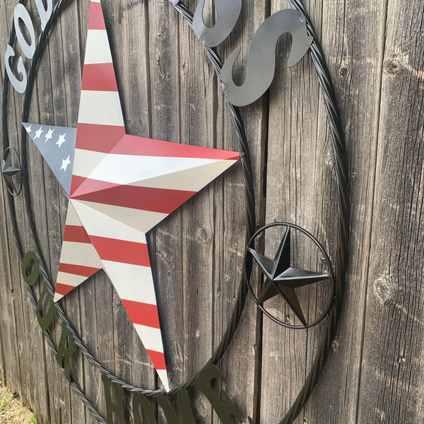 GOD BLESS OUR HOME USA FLAG STAR METAL BARN STAR TWISTED ROPE RING WALL ART WESTERN HOME DECOR RUSTIC RED WHITE & BLUE WITH BLACK RING HANDMADE NEW