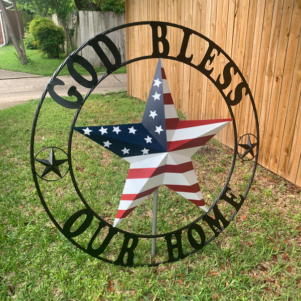 GOD BLESS OUR HOME USA FLAG STAR METAL BARN STAR TWISTED ROPE RING WALL ART WESTERN HOME DECOR RUSTIC RED WHITE & BLUE WITH BLACK RING HANDMADE NEW