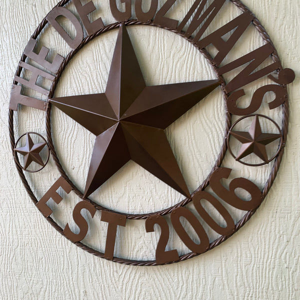 GUZMAN STYLE CUSTOM STAR NAME BARN METAL STAR 3d TWISTED ROPE RING WESTERN HOME DECOR RUSTIC  BRONZE HANDMADE 24",32",34",36",40",42",44",46",50"