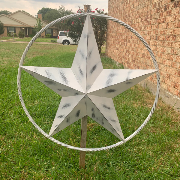 WHITE DISTRESSED STAR STYLE# 1 RUSTIC BARN LONE STAR ROPE RING METAL WALL ART