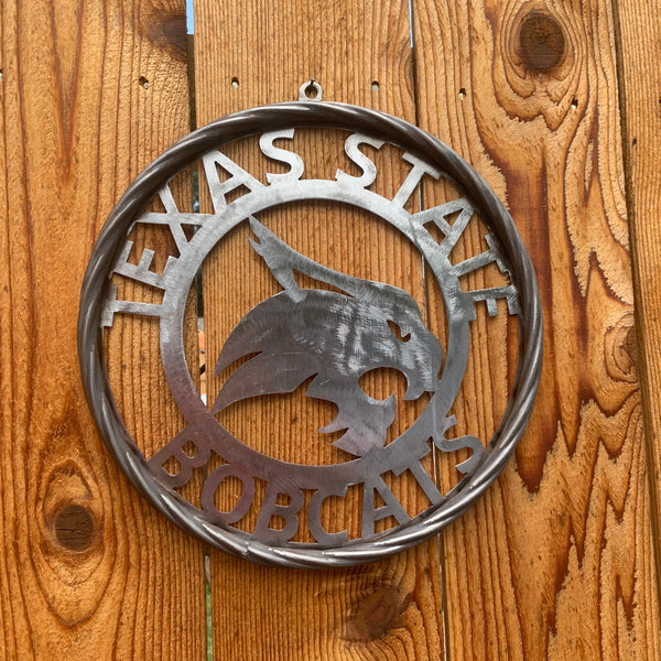 12" TEXAS STATE BOBCATS CUSTOM RAW METAL VINTAGE CRAFT SIGN TEAM ART HANDMADE IN TEXAS