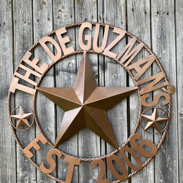 GUZMAN STYLE CUSTOM STAR NAME BARN METAL STAR 3d TWISTED ROPE RING WESTERN HOME DECOR RUSTIC  BRONZE HANDMADE 24",32",34",36",40",42",44",46",50"