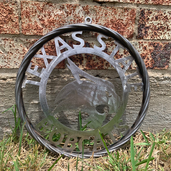 12" TEXAS STATE BOBCATS CUSTOM RAW METAL VINTAGE CRAFT SIGN TEAM ART HANDMADE IN TEXAS