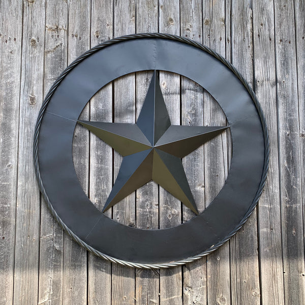 36" RUSTIC BLACK LONE STAR WIDE BAND RING TWISTED ROPE RING METAL STAR WALL ART WESTERN HOME DECOR HANDMADE NEW